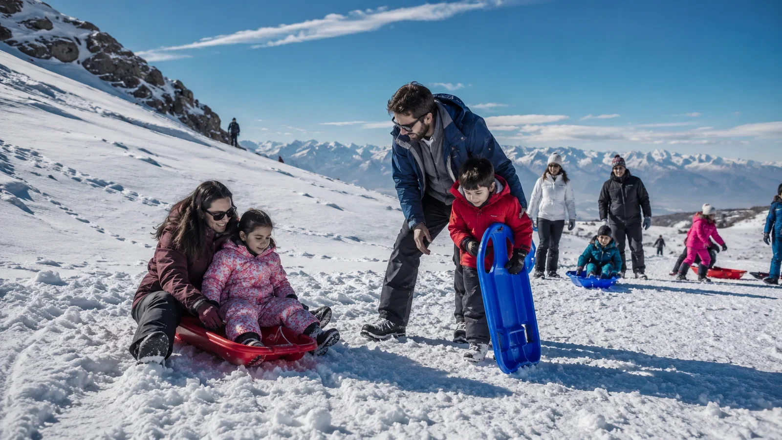 Familia disfrutando de la nieve en una montaña de Mendoza