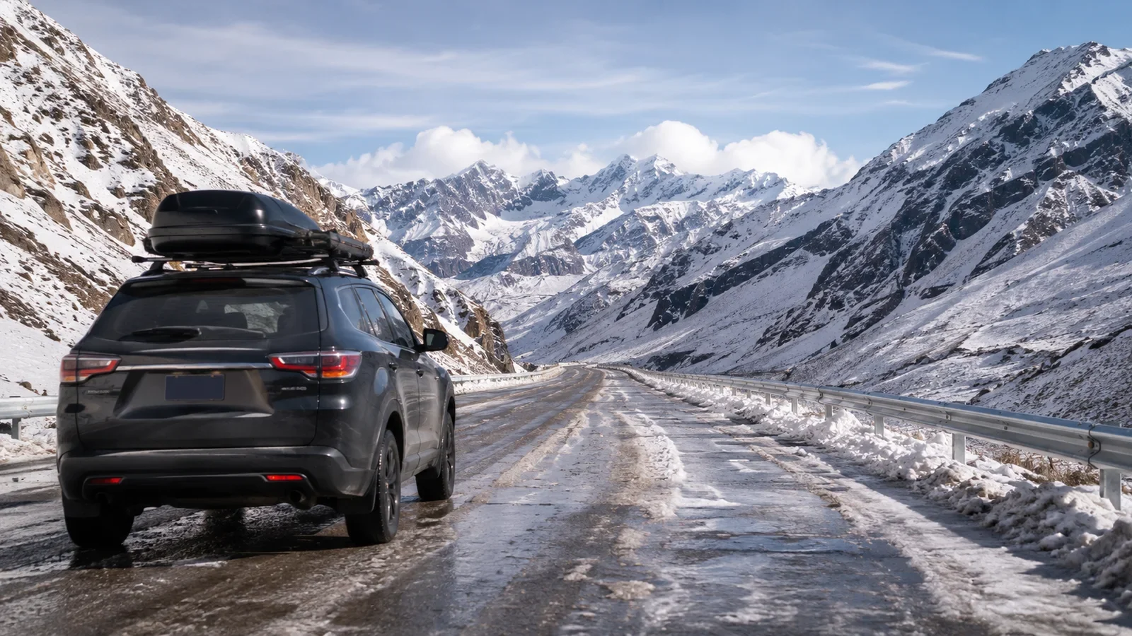 Vehículo circulando por una ruta de montaña con nieve