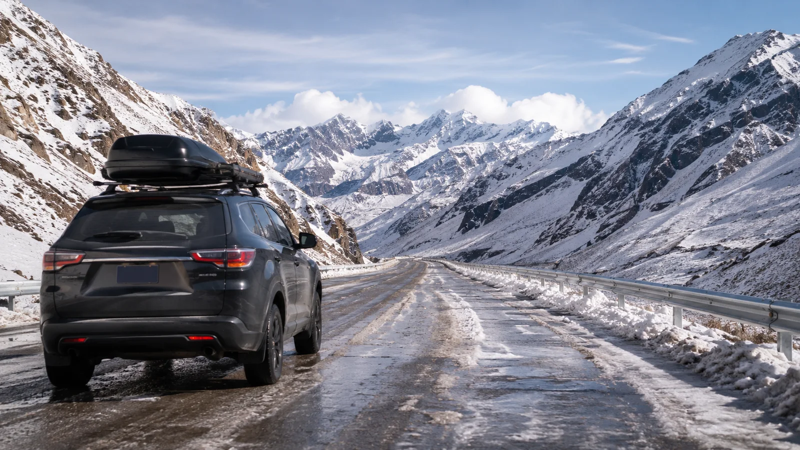Vehículos circulando por una ruta de montaña con nieve y hielo