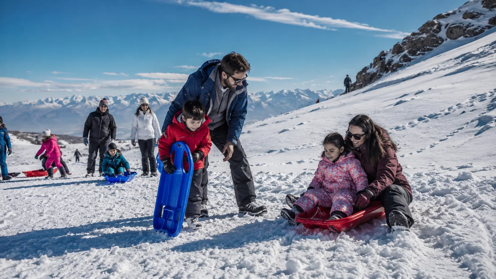 Niños y adultos usando trineos en una pendiente nevada