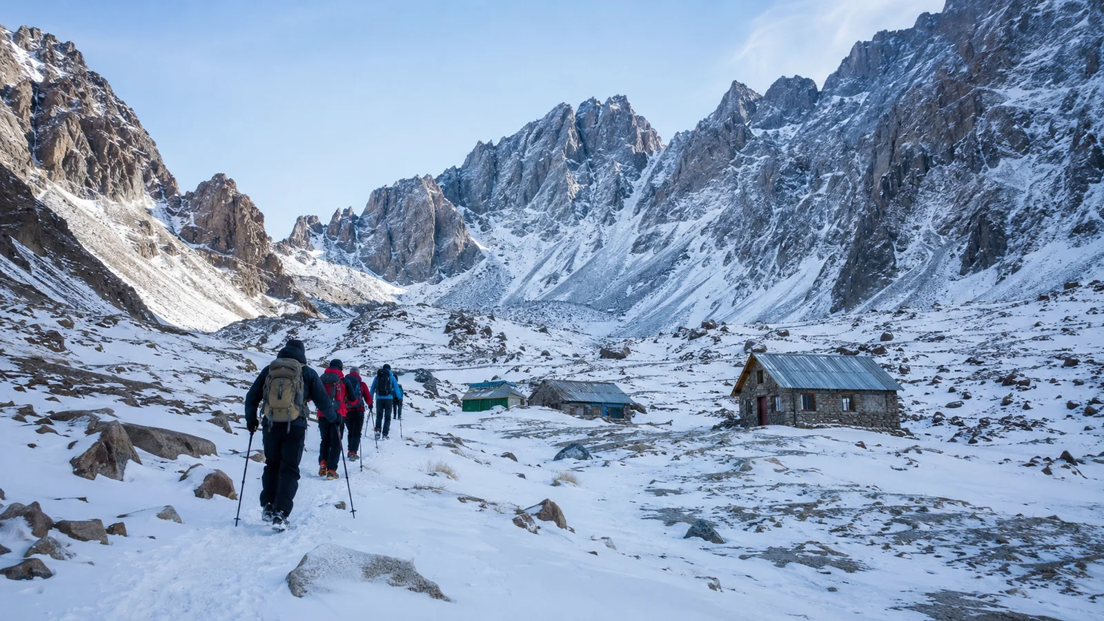 Excursionistas caminando hacia refugios de montaña entre nieve y rocas