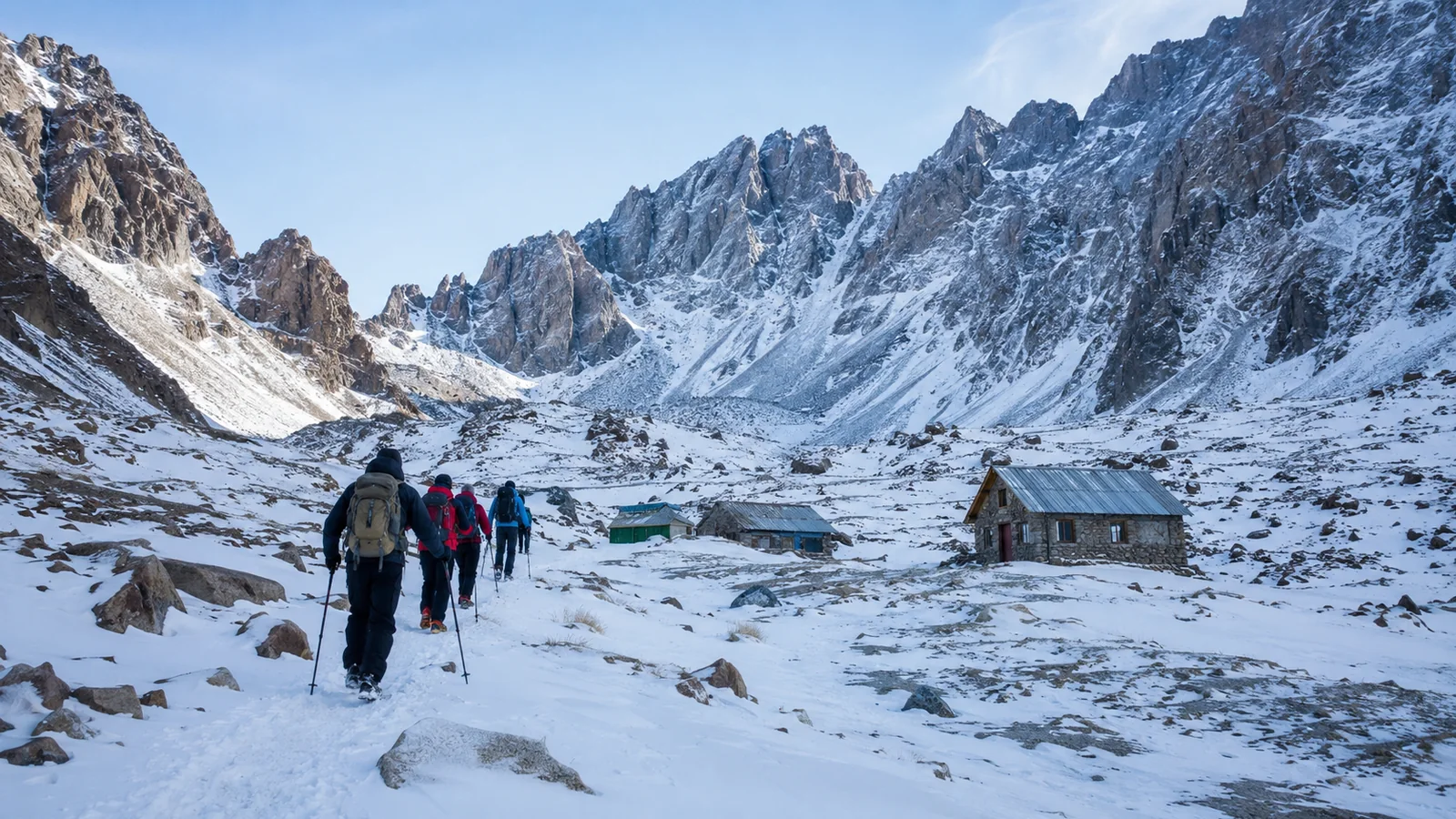 Excursionistas caminando hacia refugios de montaña nevados