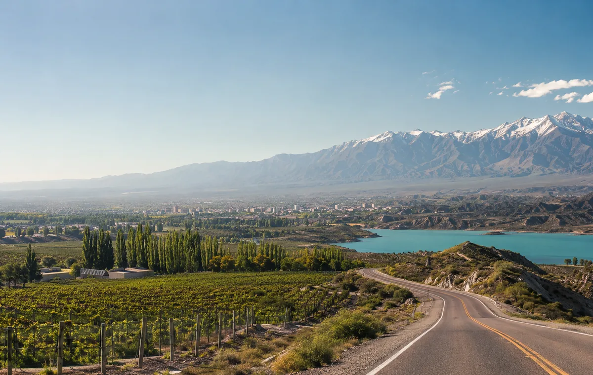 Viñedos, paisaje rural y montaña en el sur de Mendoza